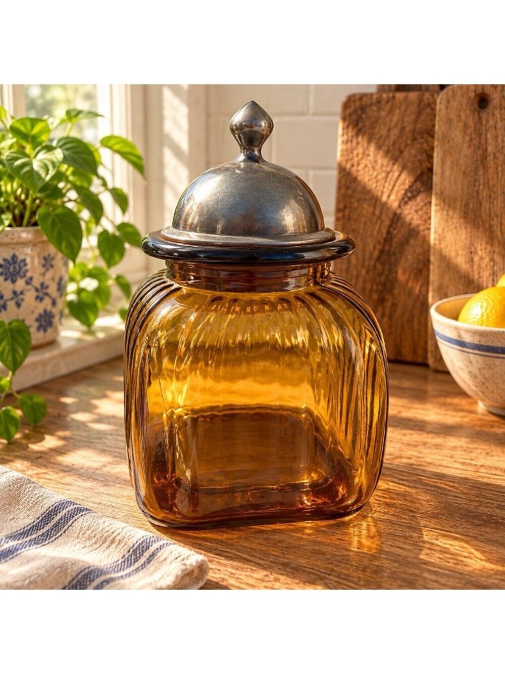 Vintage Artland Amber Ribbed Glass Apothecary Canister Jar w/ Pewter Dome Lid